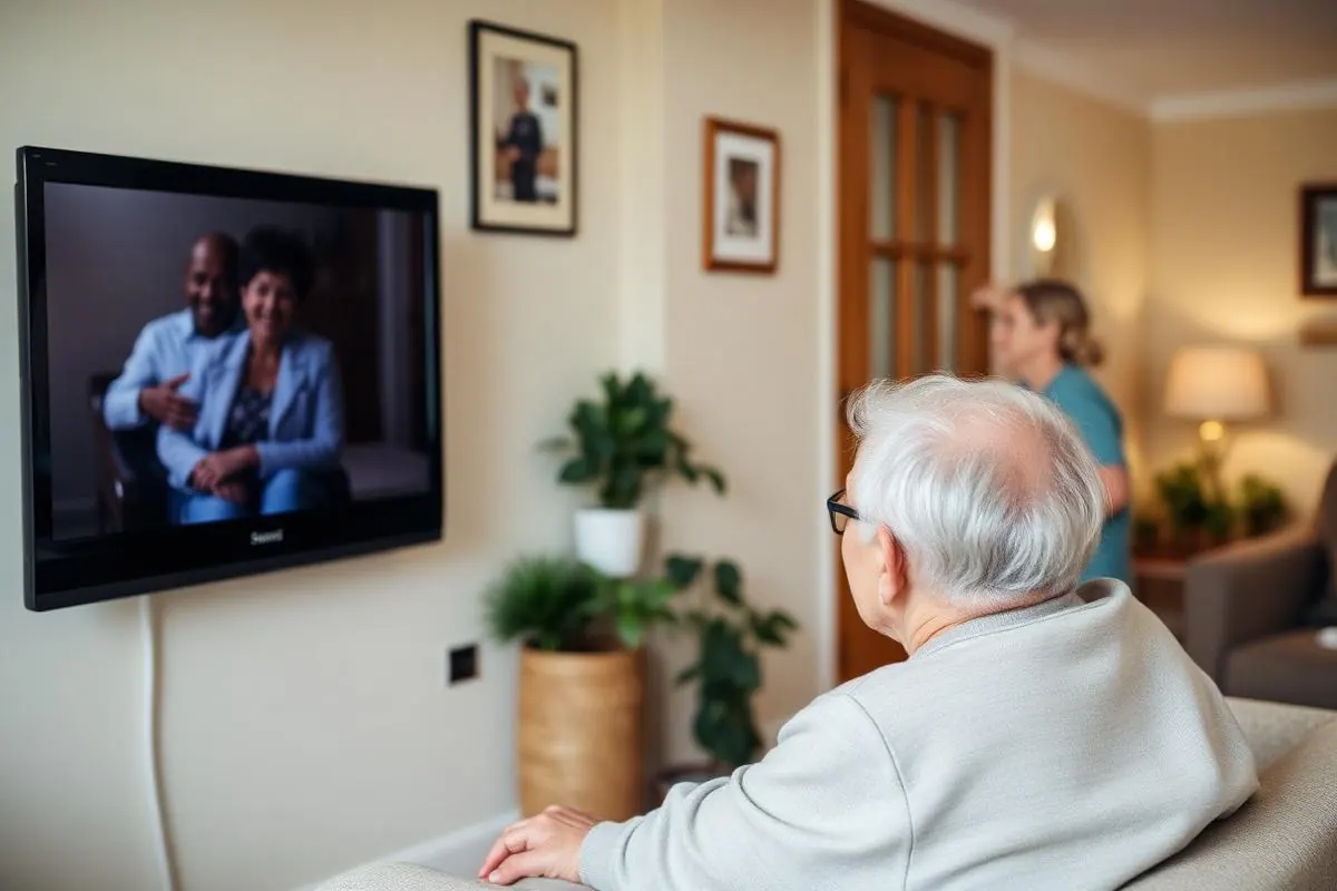 Resident in a care apartment watching television, caregiver in the background